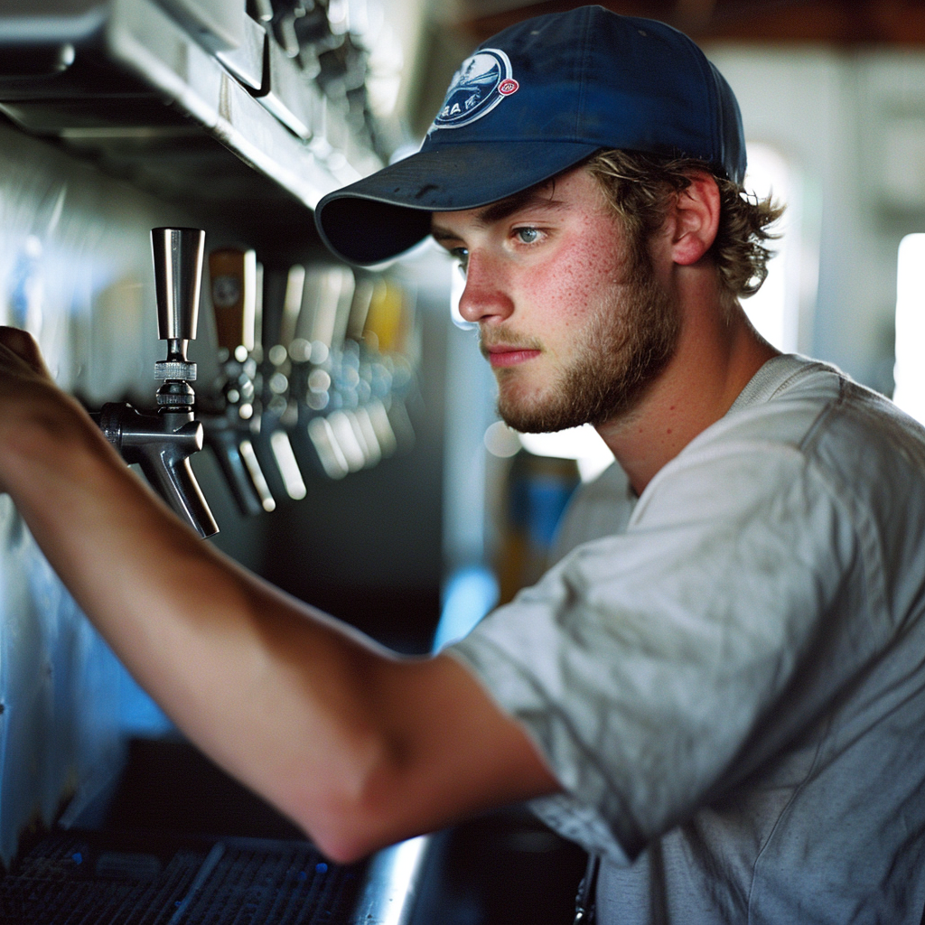 Young man cleaning draft beer lines