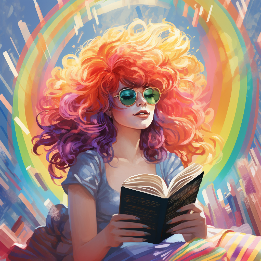 Drag queen reading book in rainbow library