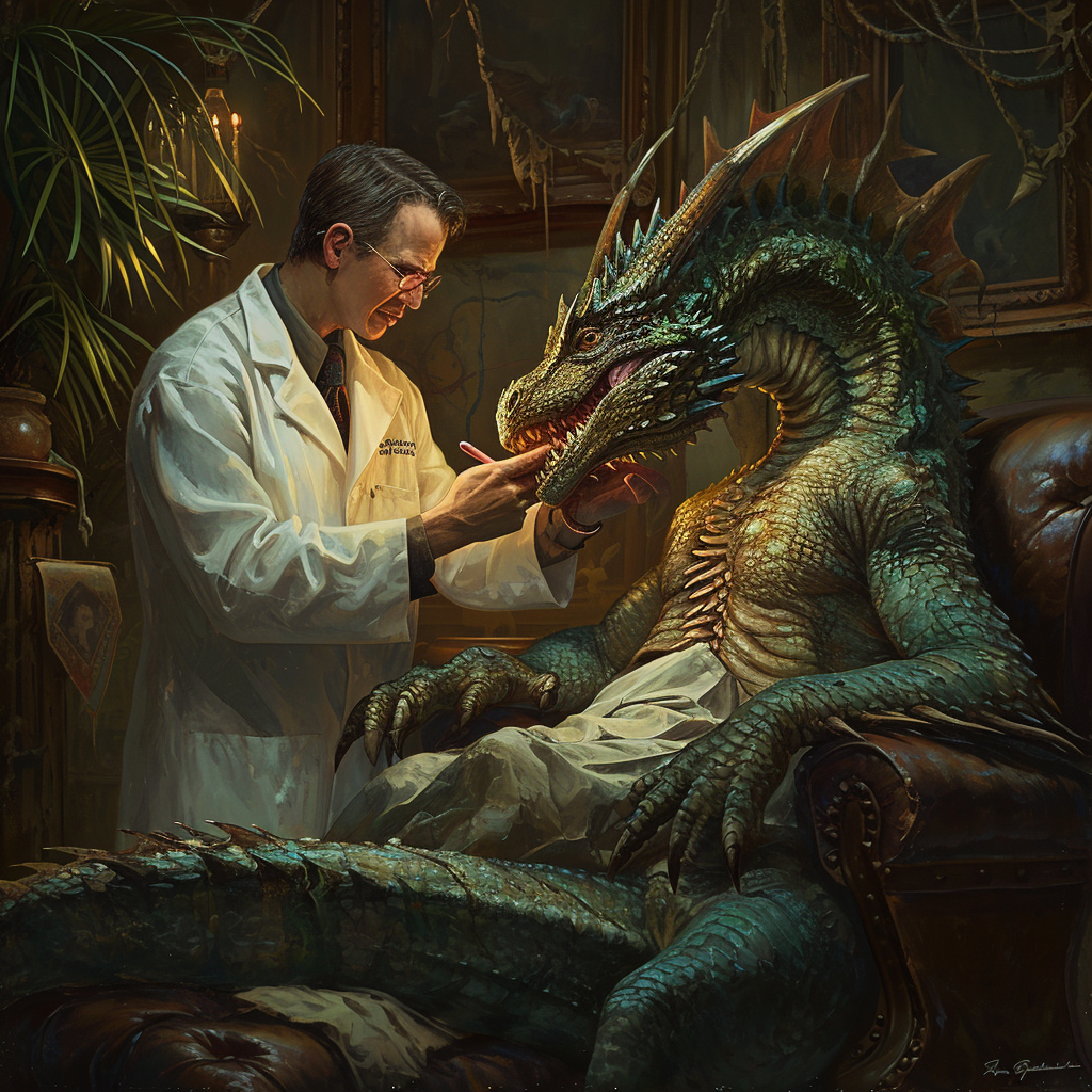 Dragon chiropractor treating a dragon patient