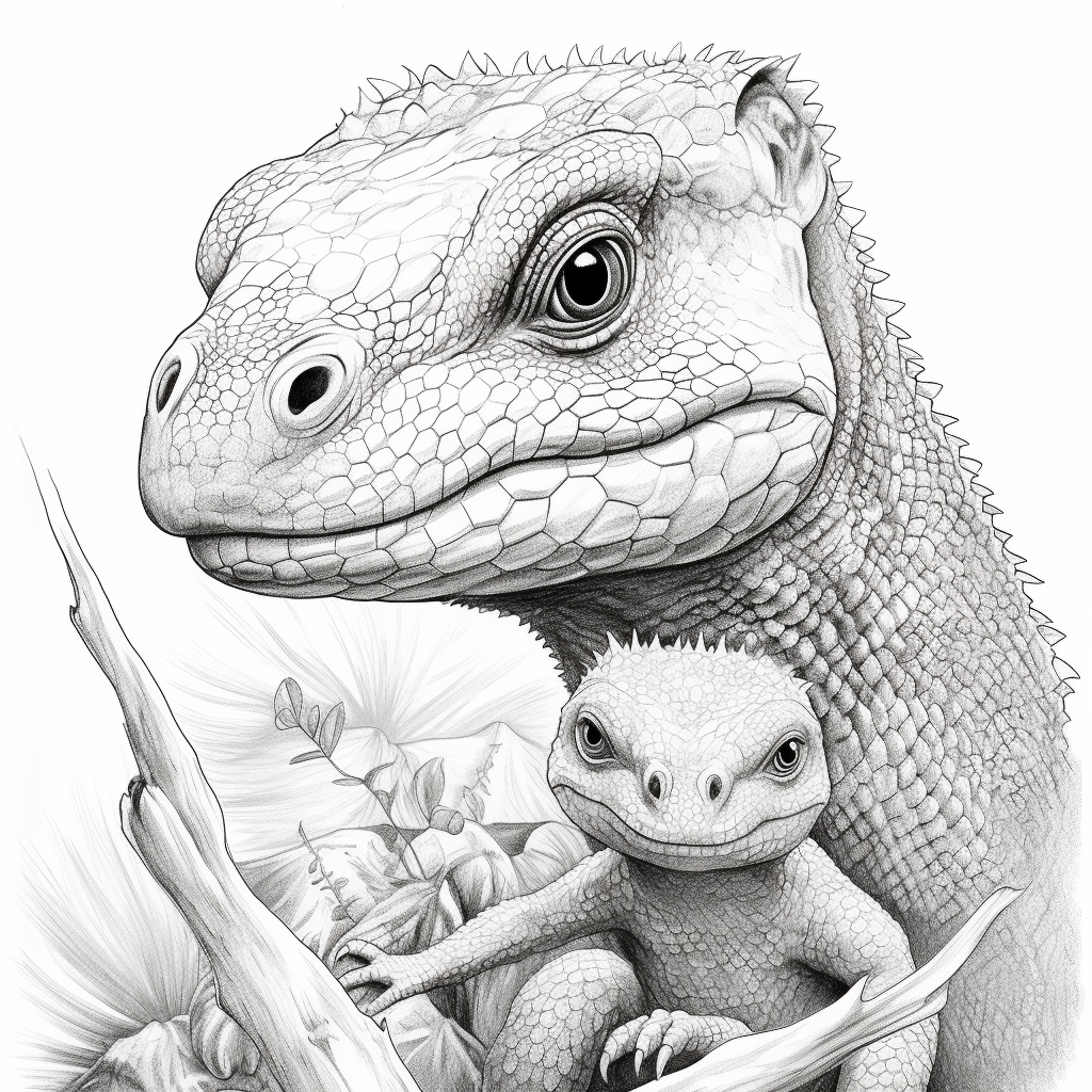 Adorable Komodo Dragon and Baby Coloring Page