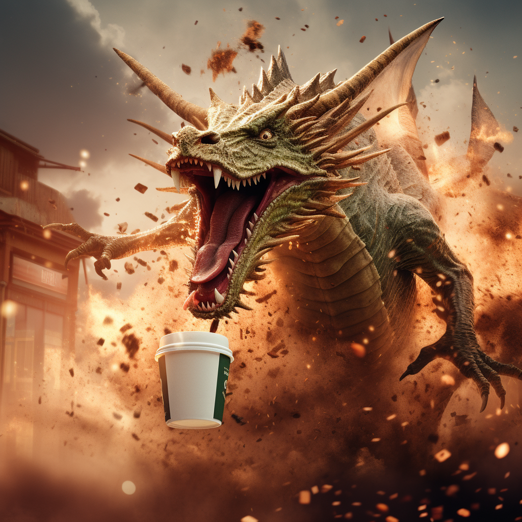 Photorealistic dragon destroying Starbucks in action