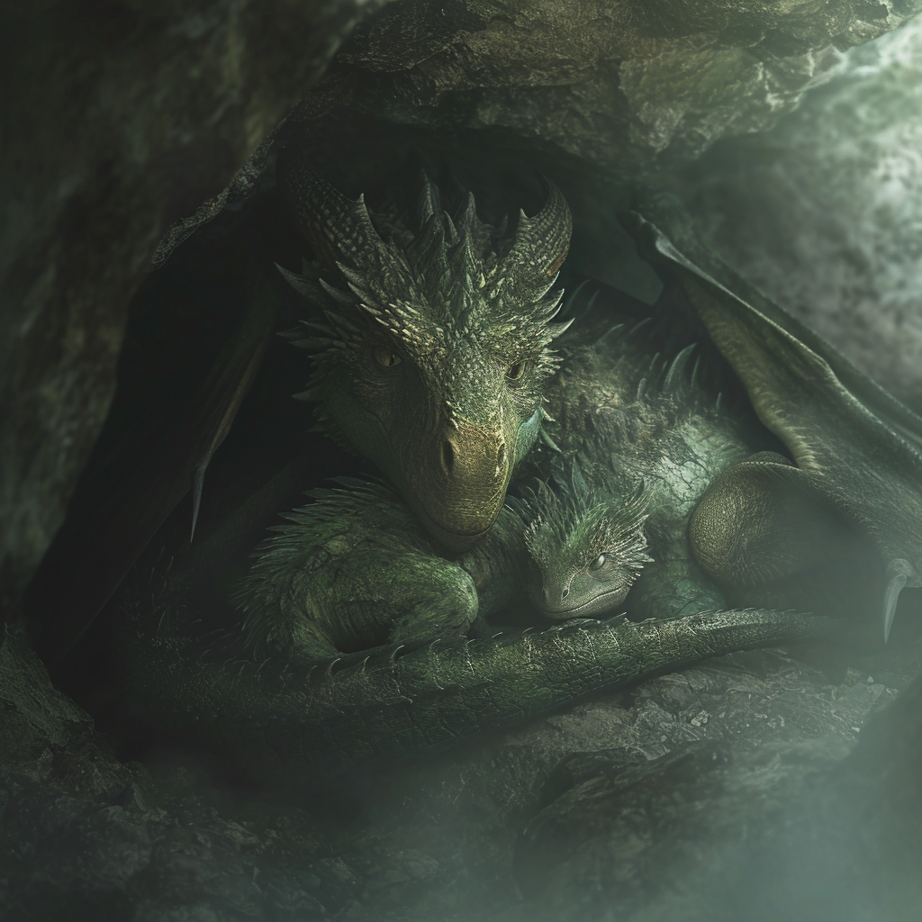 Dragon and Hatchling in Cave during Blizzard