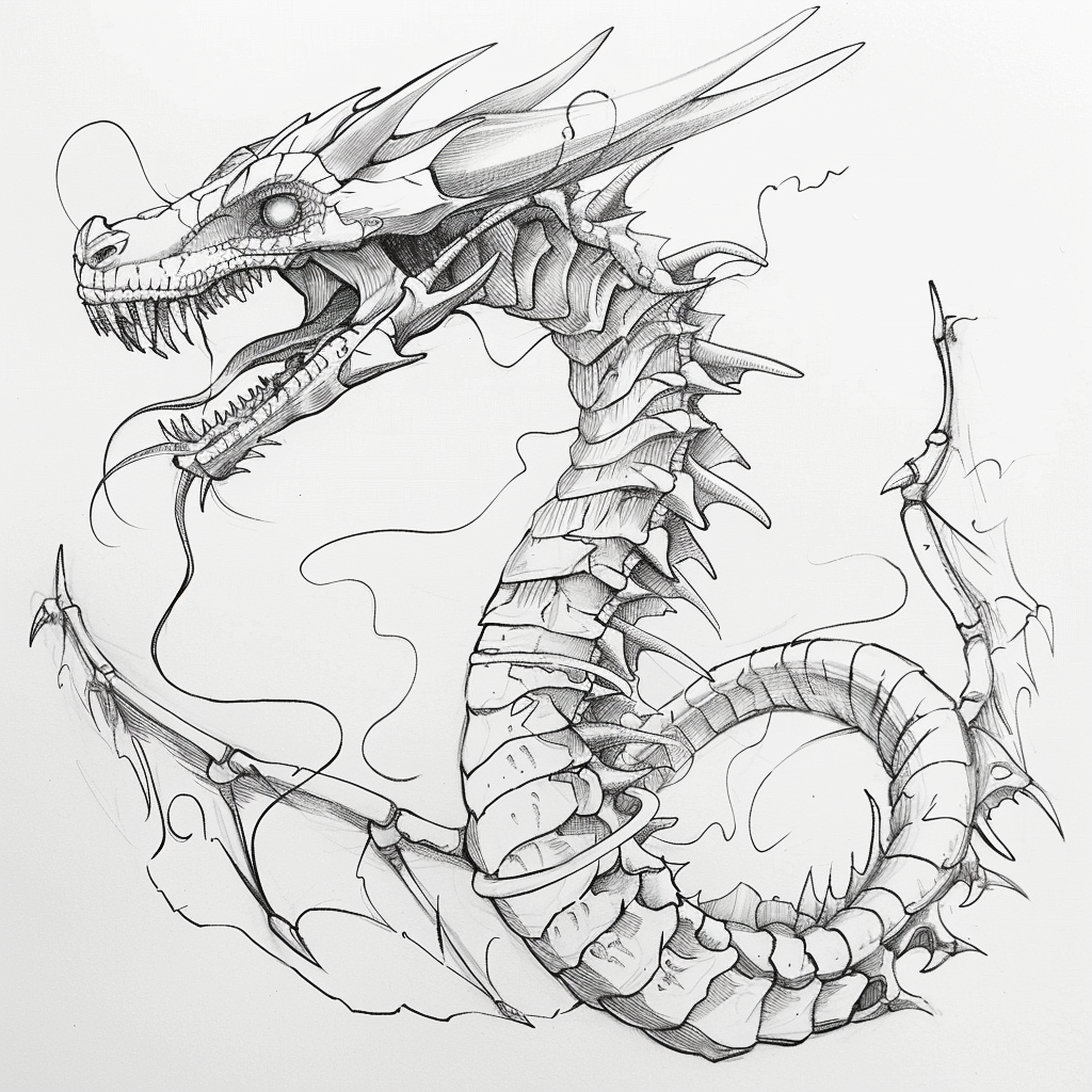 Dragon Skeleton Snake Tail Line Art