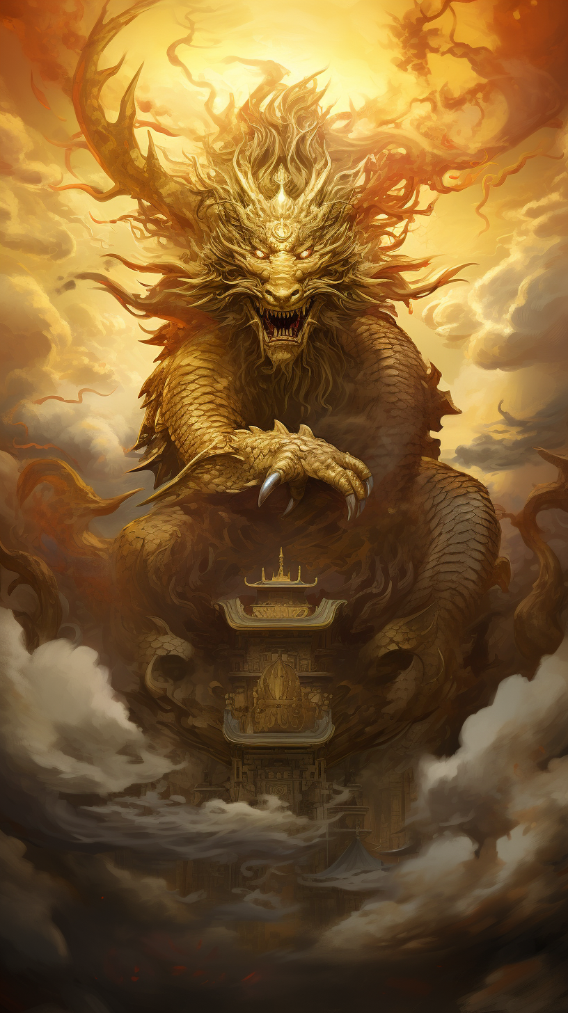 Dragon King of Wealth surrounded by Sun and Golden Cloud