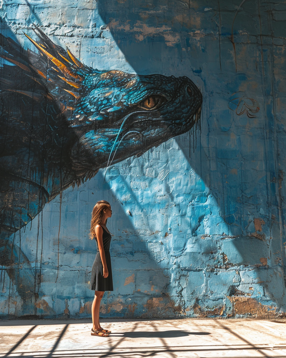 Photorealistic girl standing in front of dragon mural