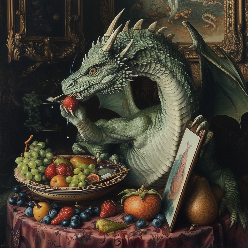 Dragon artist painting bowl of fruit