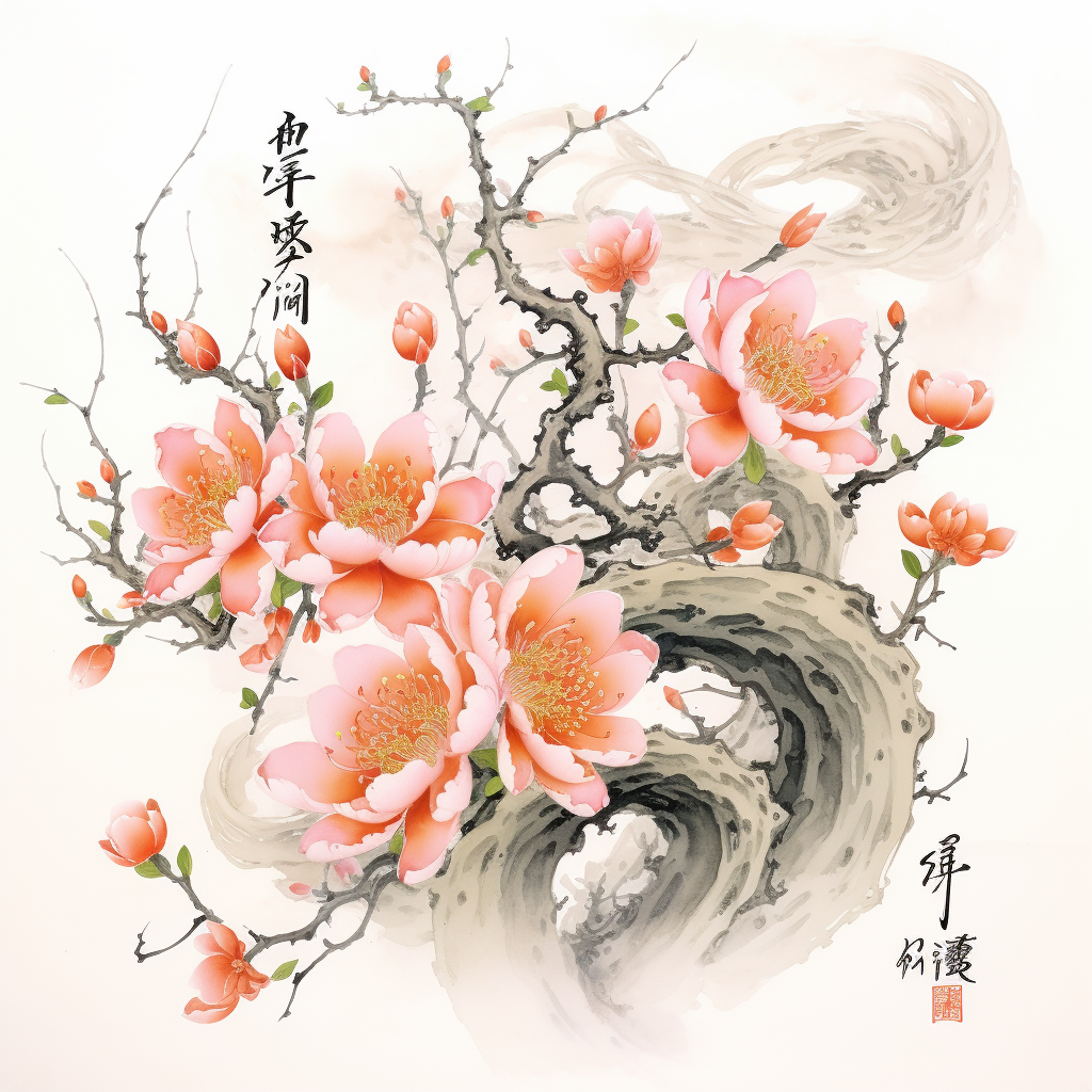 Dragon and Peach Blossom Calligraphy Art