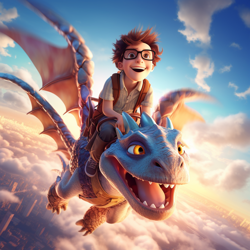 Teen boy with glasses riding a dragon