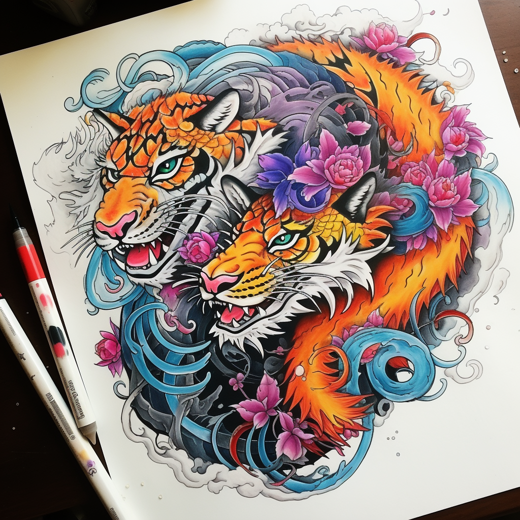 Colorful dragon and tiger forearm tattoo