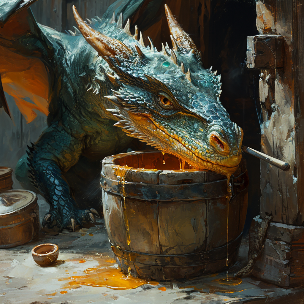 Dragon feasting on honey from bucket