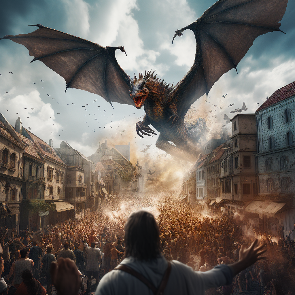 Dragon flying over city of homeless people