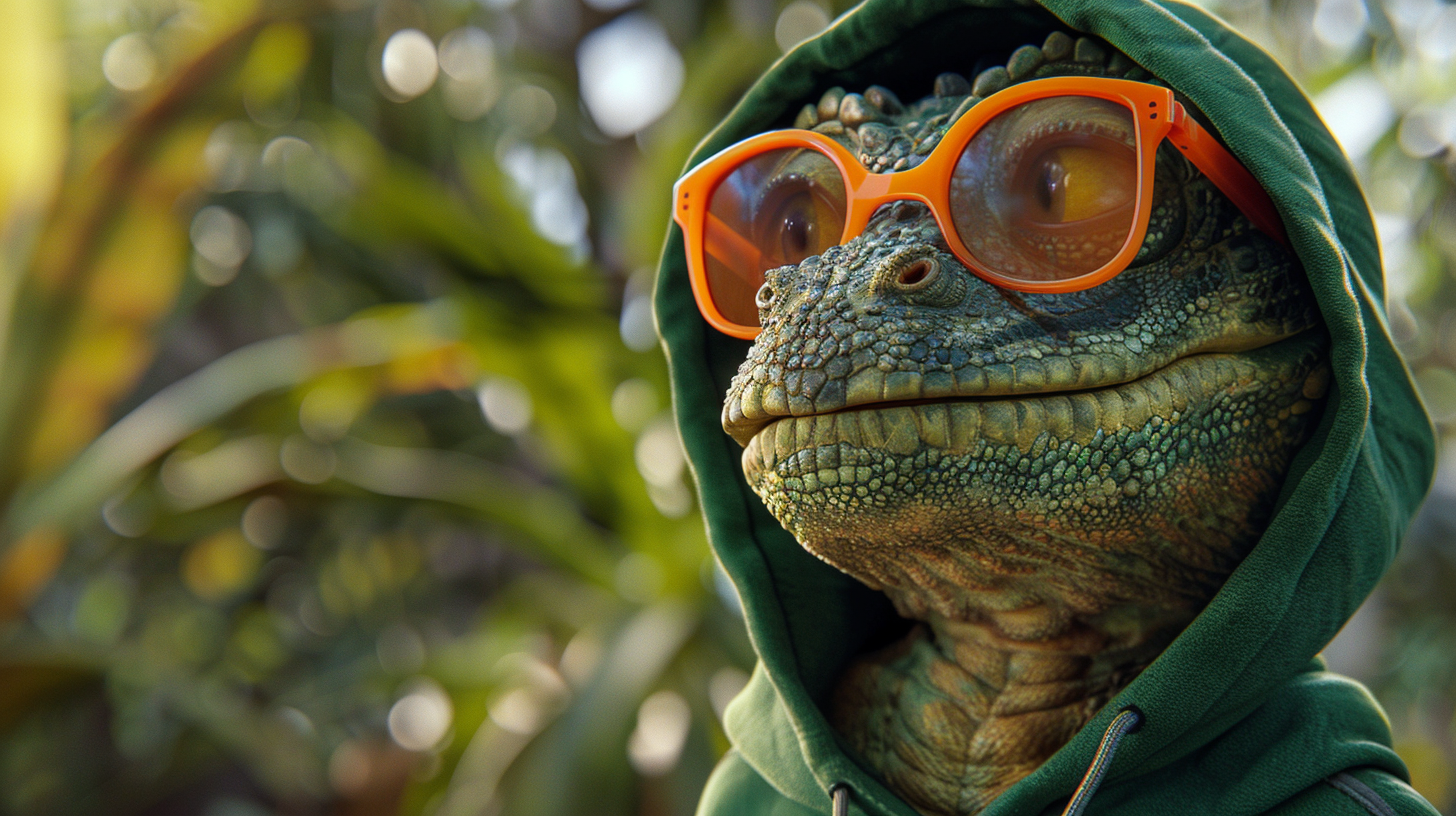 Dragon in green hoodie and orange glasses