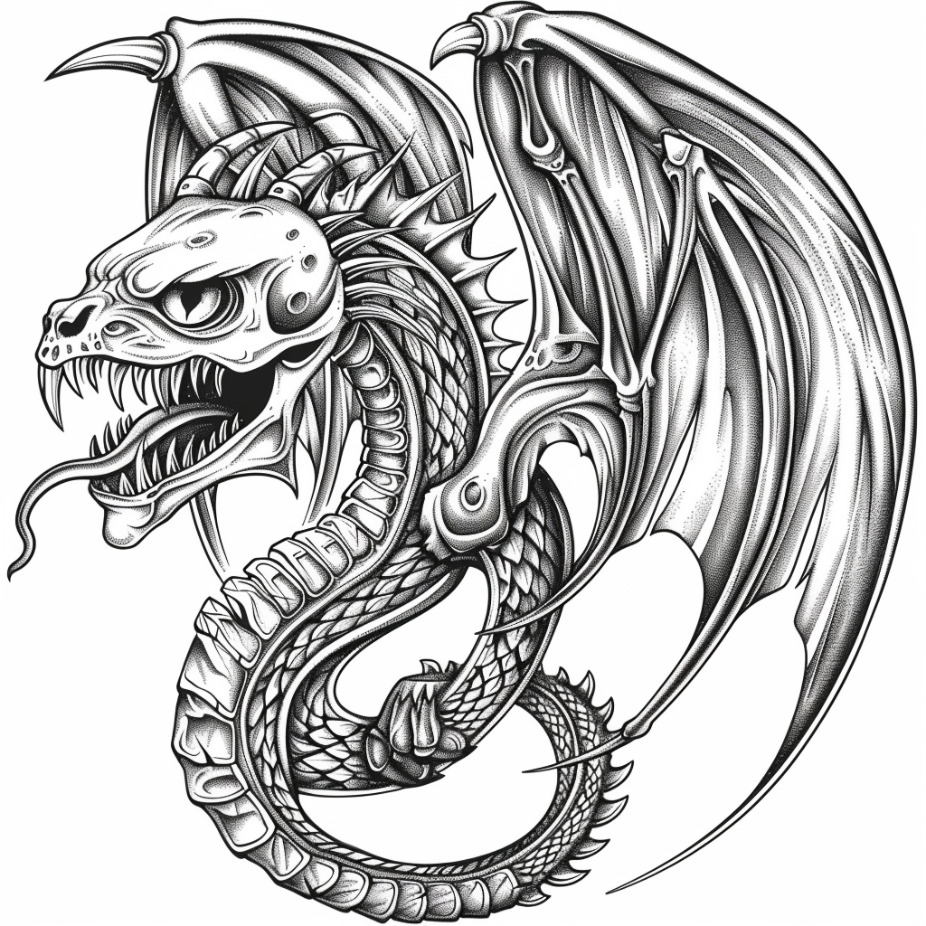 Dragon skeleton coloring page illustration