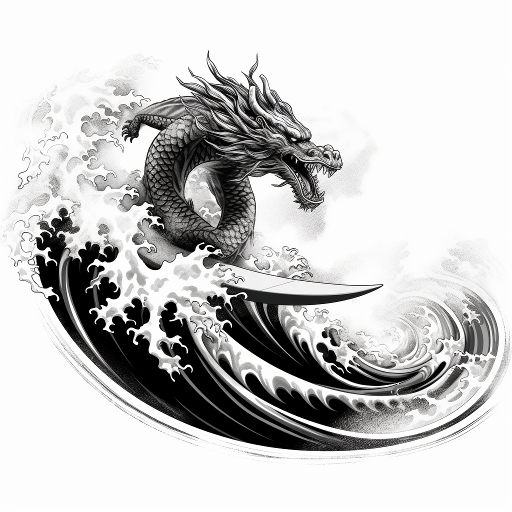 Black and white dragon riding surfboard on big wave