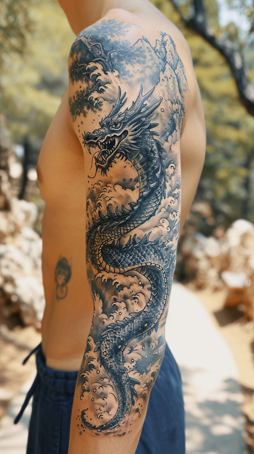 Dragon Tattoo on Arm with Intricate Scales and Mountain Mist