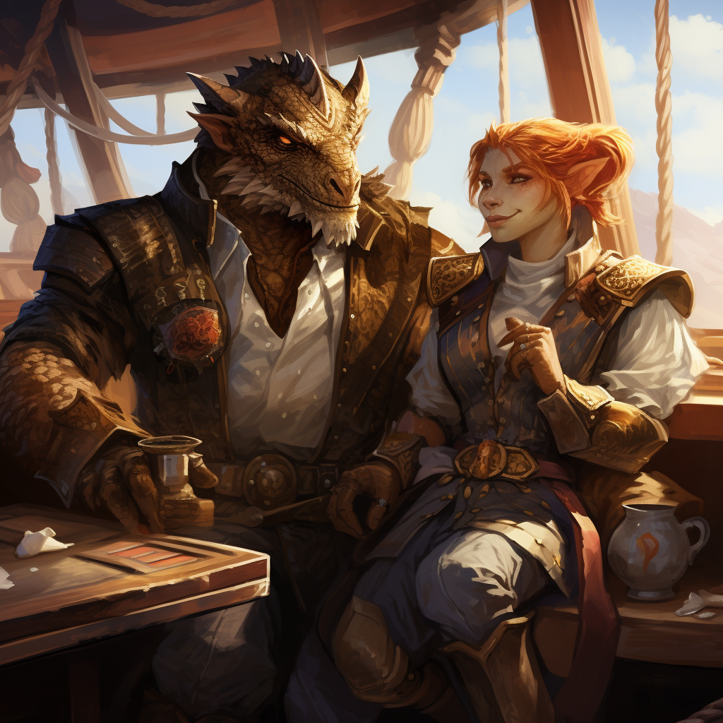 Dragonborn couple on a ship in Dungeons and Dragons style