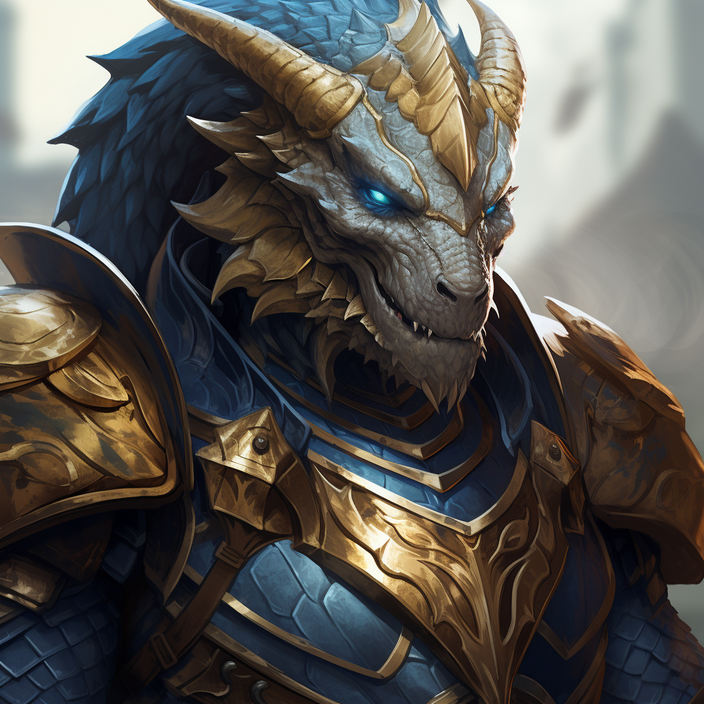 Dragonborn Knight with Gold Scales and Blue Eyes