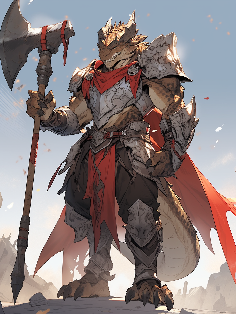 Dragonborn Barbarian wielding a powerful silver battle axe