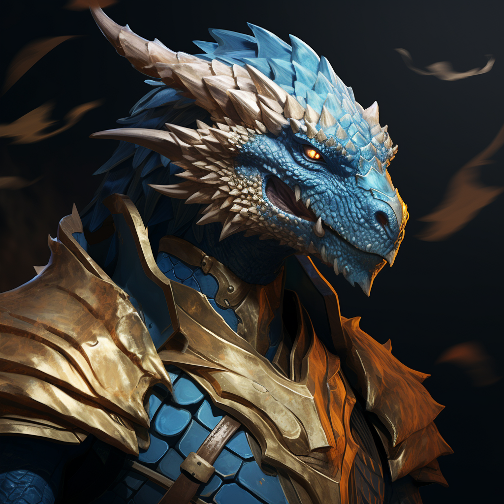 Majestic dragonborn with glowing blue eyes