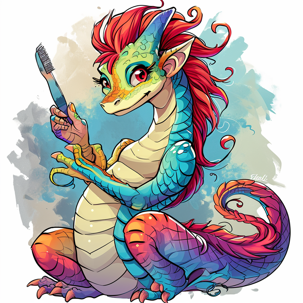 Cheerful dragoness sharpening her claws with a manicure file