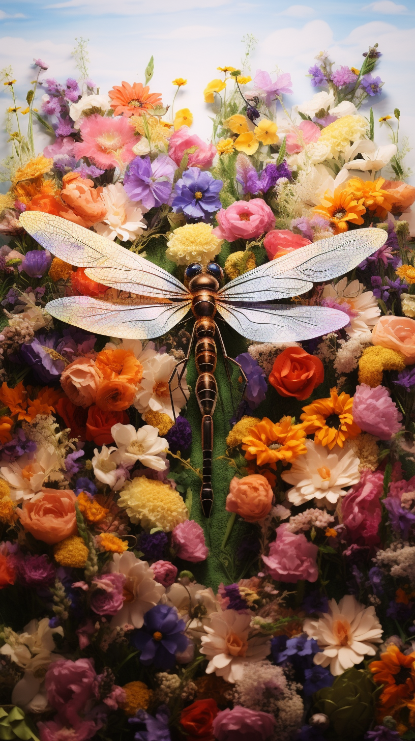 Beautiful dragonfly in flower-filled field