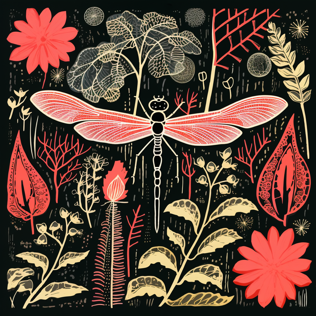 Dragonfly linocut illustration artwork