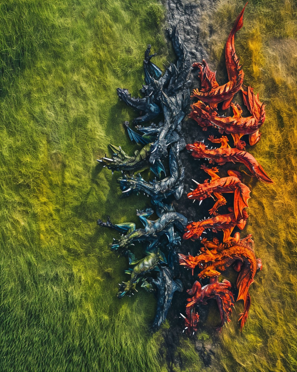 Dragons grazing in grassy field