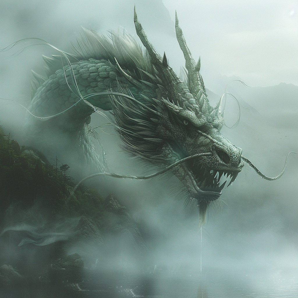 Dragon emerging from fog