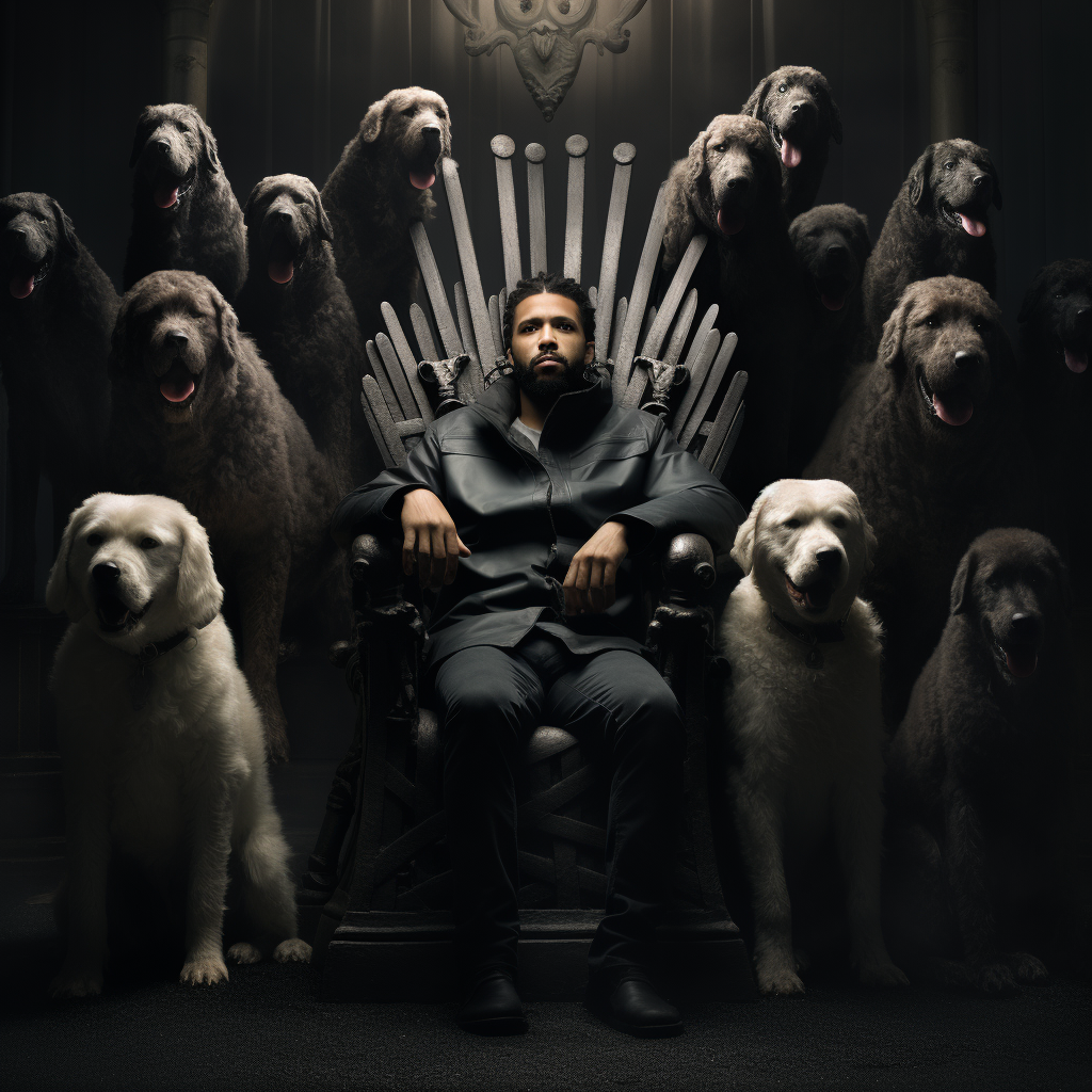 Drake surrounded by protective guard dogs