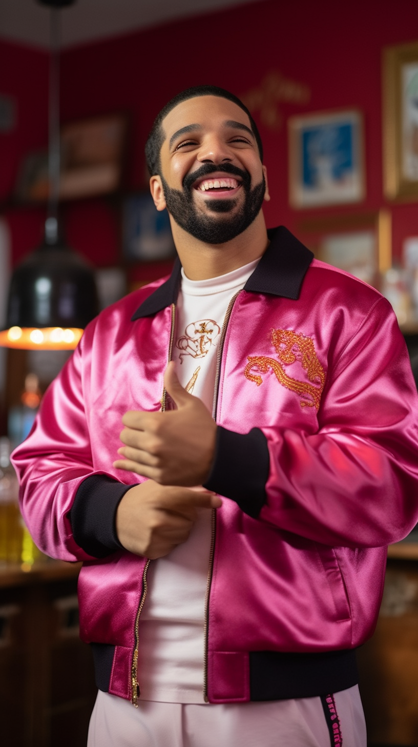 Drake smiling and blushing in cheerleading outfit