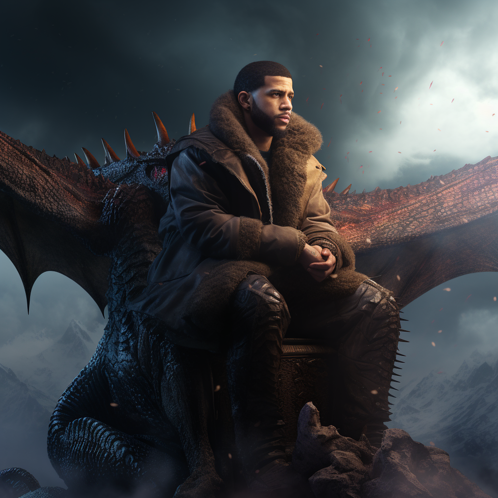 Drake sitting on a colorful dragon