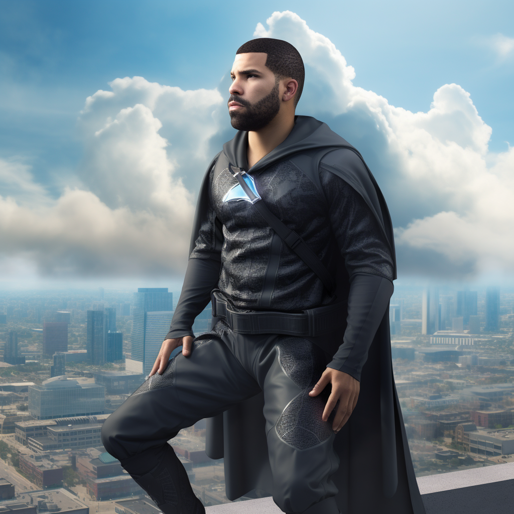 Drake in superhero costume overlooking the city