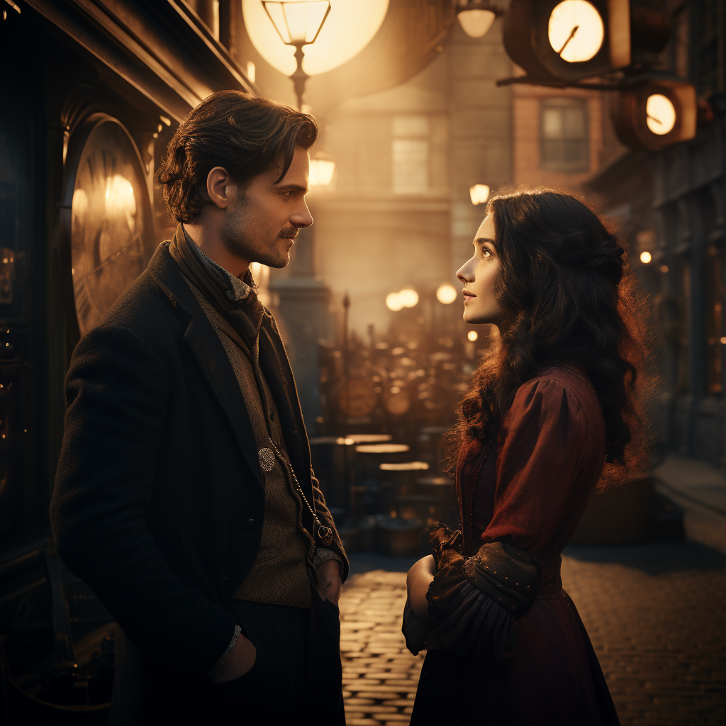 Man looking at woman in steampunk city