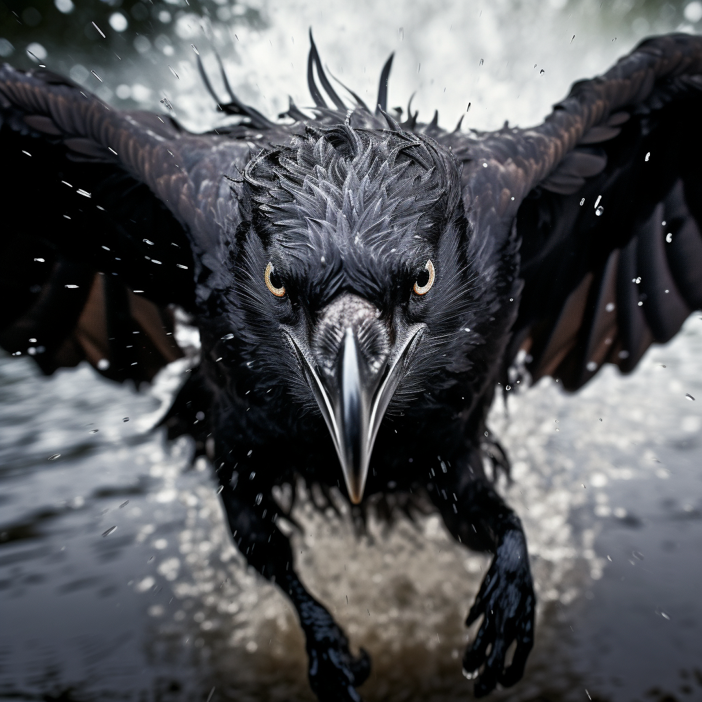 Black crow diving in storm