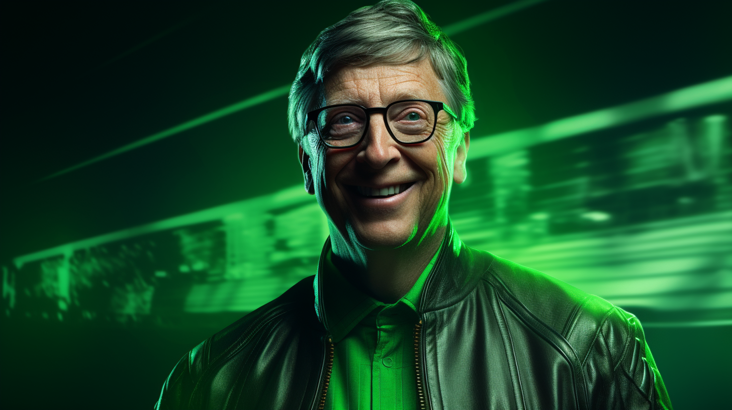 Bill Gates smiling under dramatic green lighting