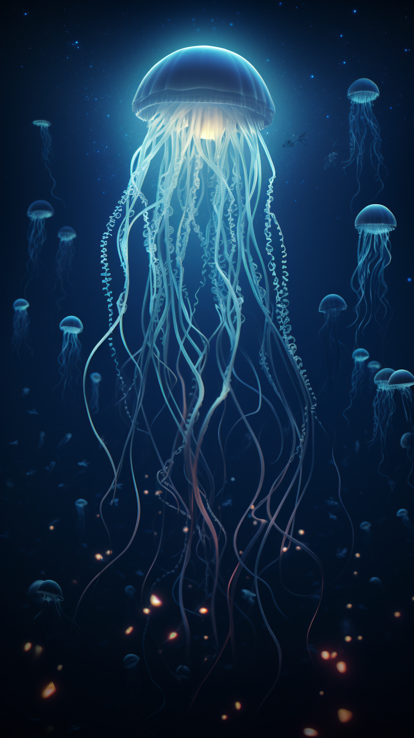 deep ocean with glowing jellyfish