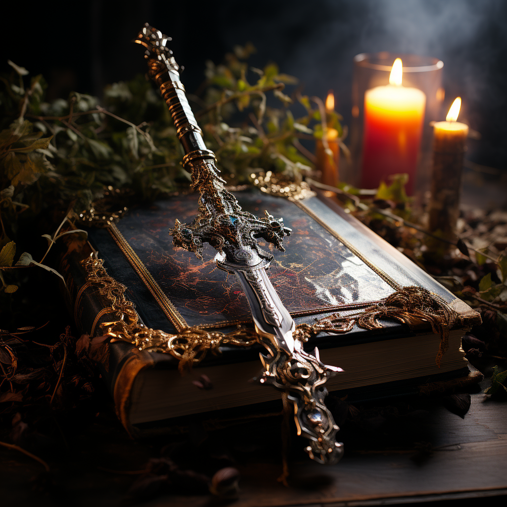 Dramatic sword and bible with lighting