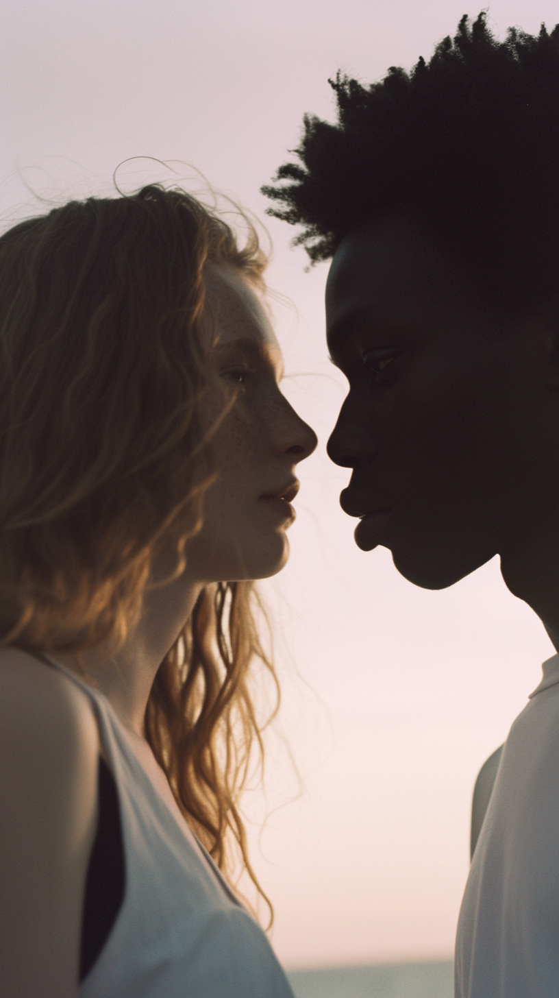 Young interracial couple in dramatic love portrait