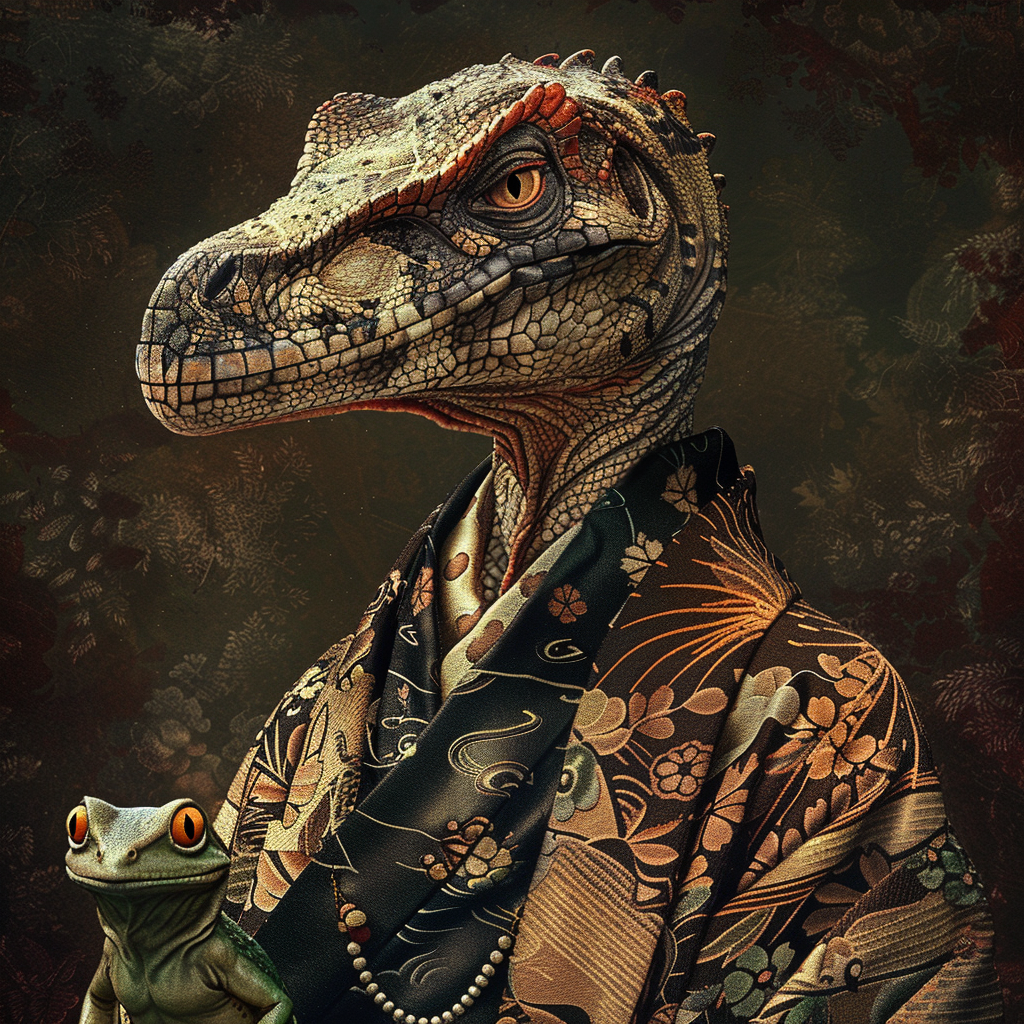 Velociraptor with Kimono and Frog