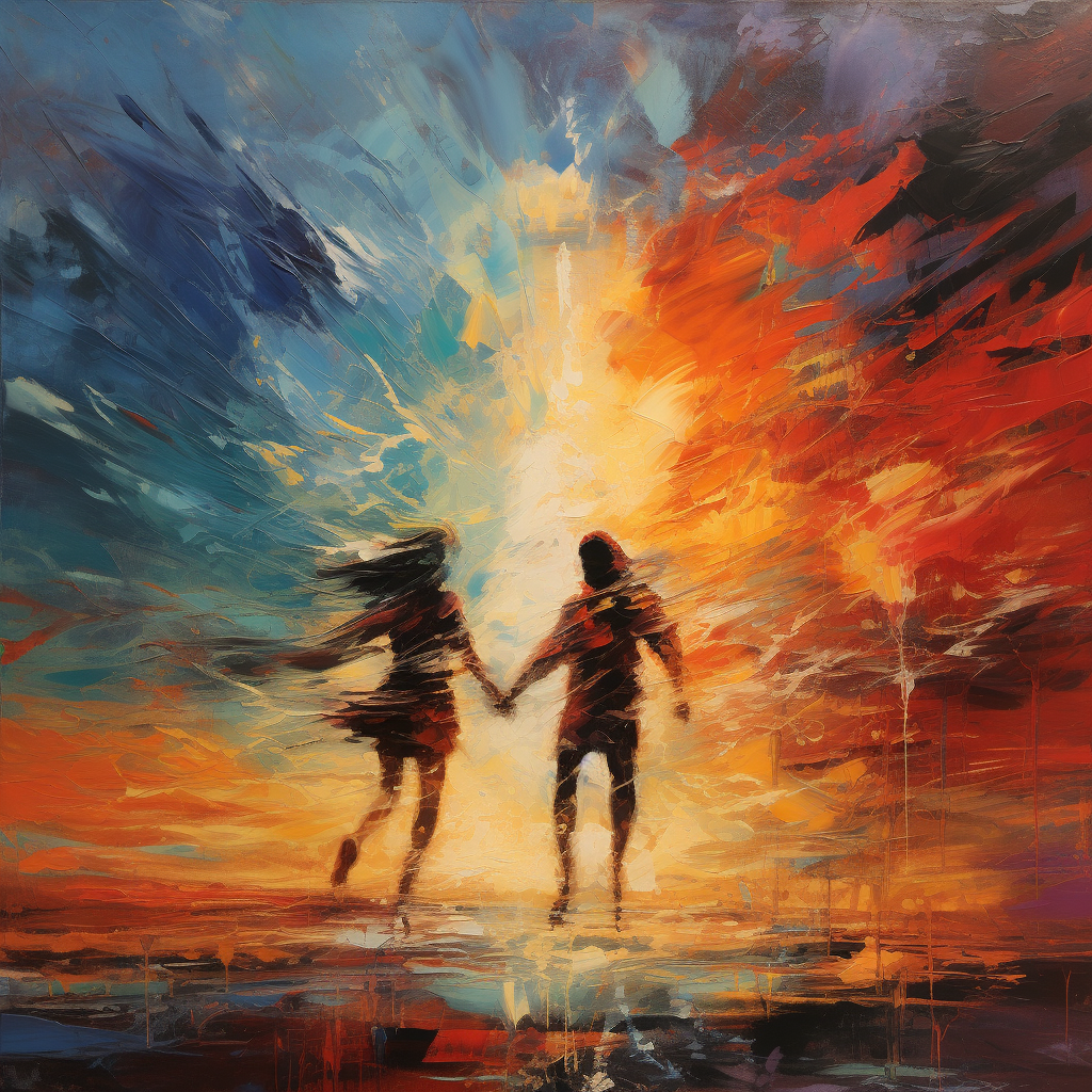 Colorful abstract oil painting with couple running away