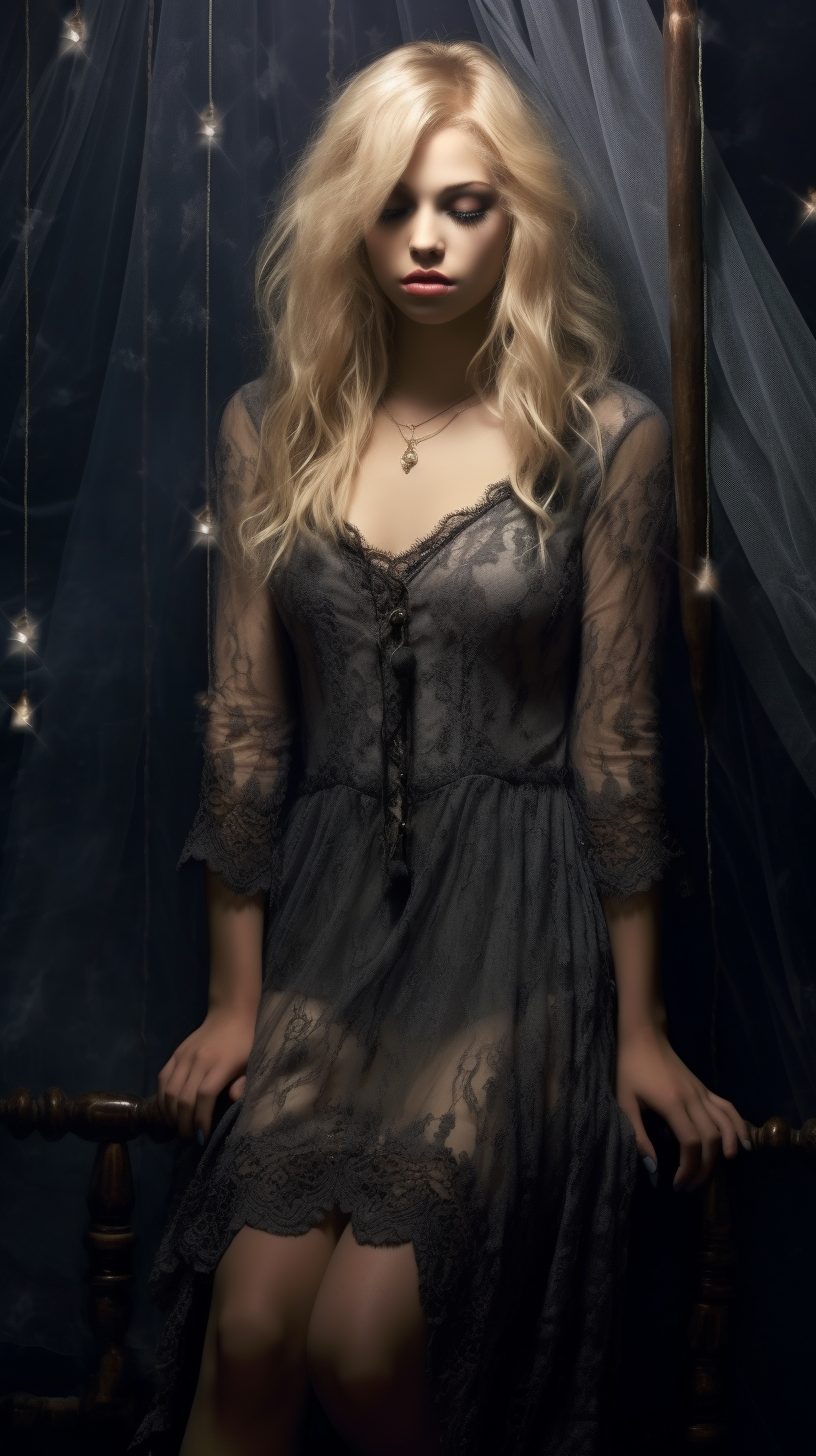 Beautiful Dream Woman in Long Blonde Hair and Lace Nightgown