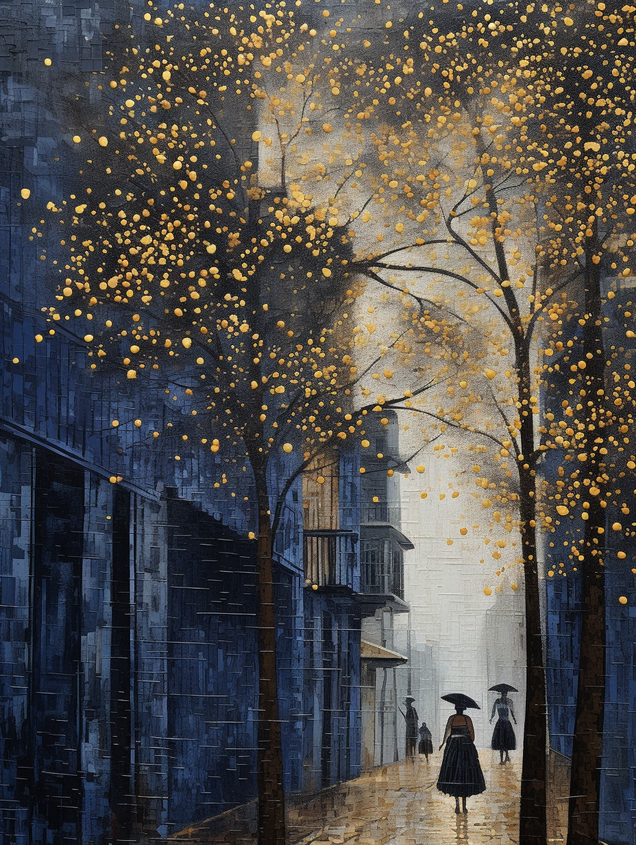 Romantic street scene with gold leaves