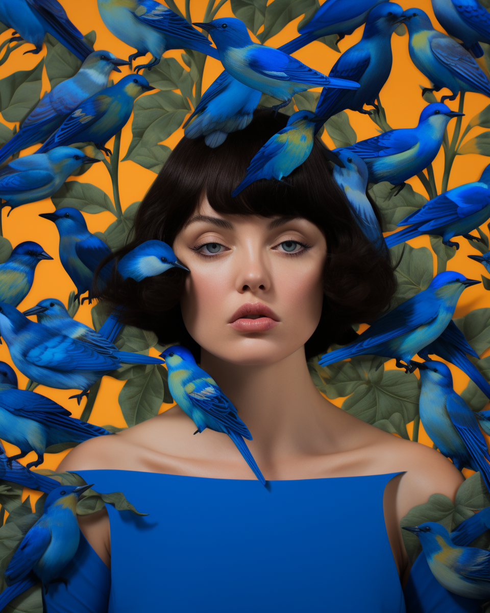 Woman with Blue Birds in Dreamlike Composition