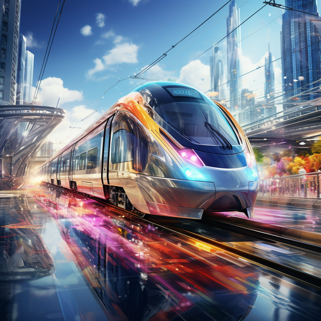 Colorful melting train speeding through futuristic city