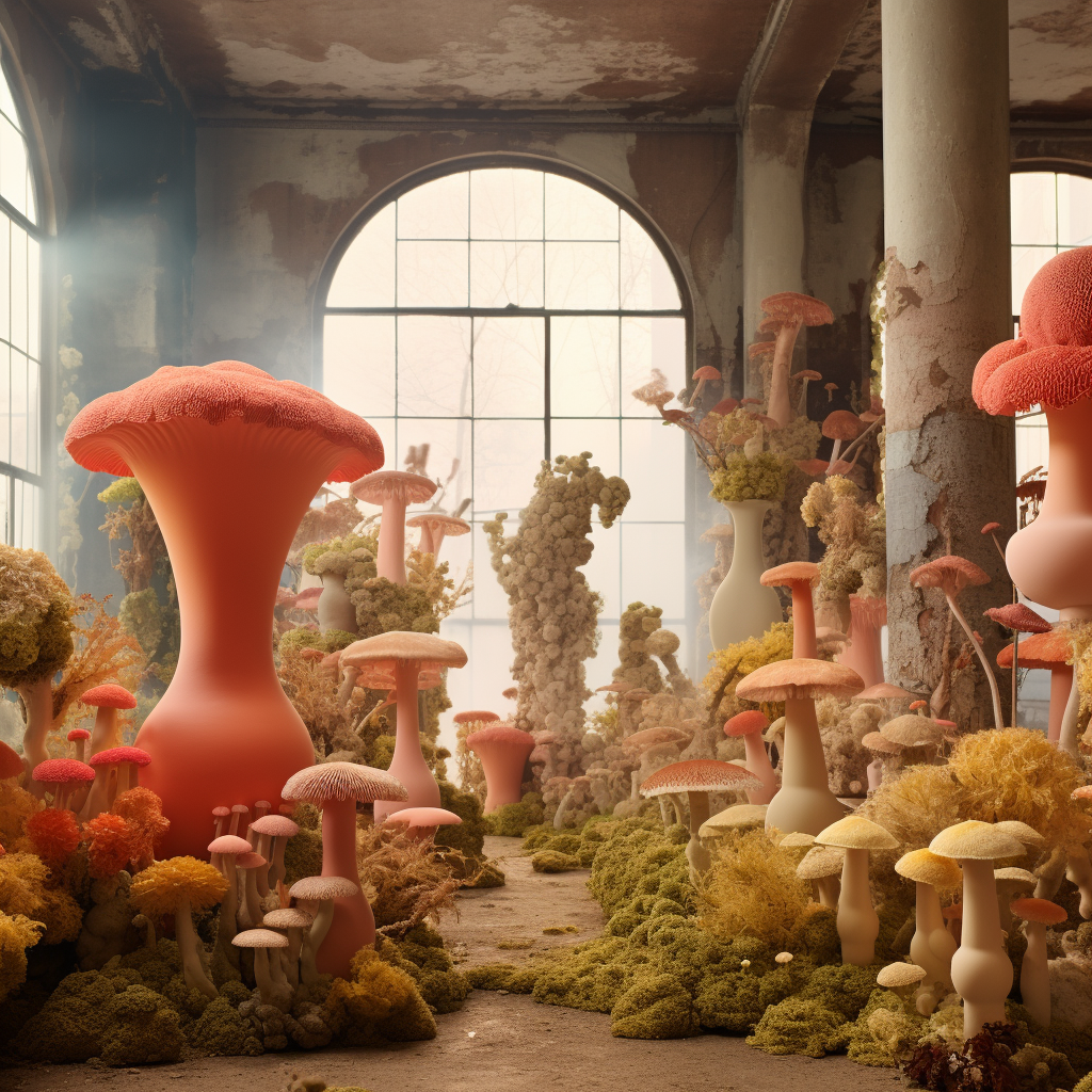 Realistic image of dreamy fungi moss ceramic vases