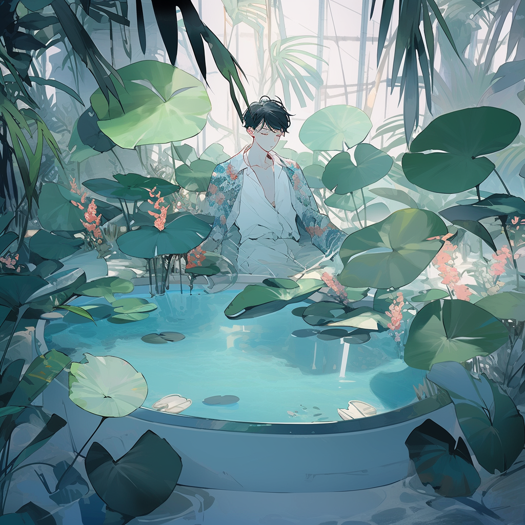 Dreamy man in milky pool mirroring plants