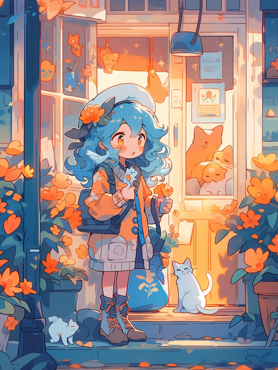 Small girl near roadside booth with cats