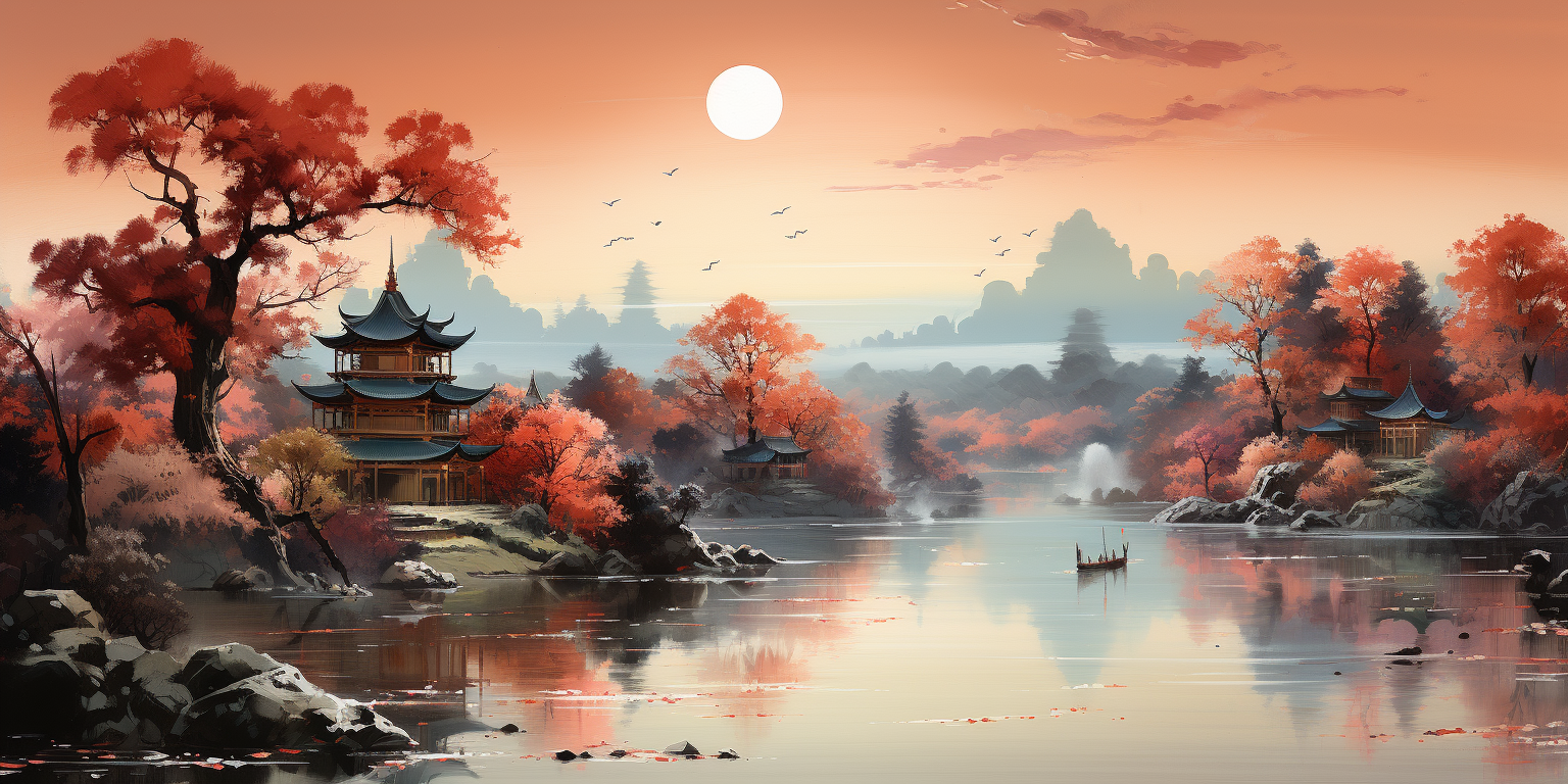 Chinese Watercolor Landscape in Dreamy Romantic Style