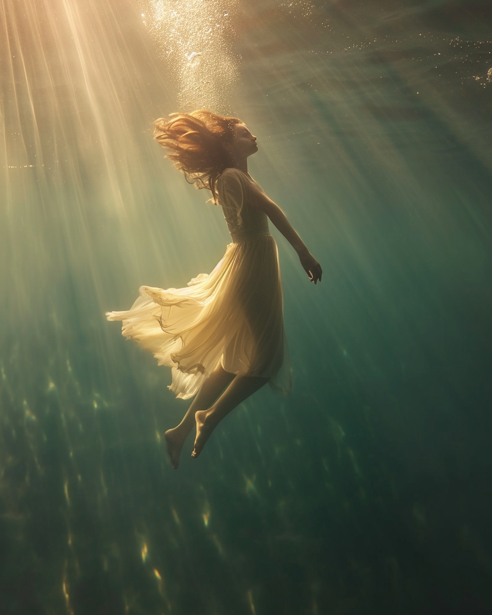 Dreamy Woman Floating Underwater Sunlight