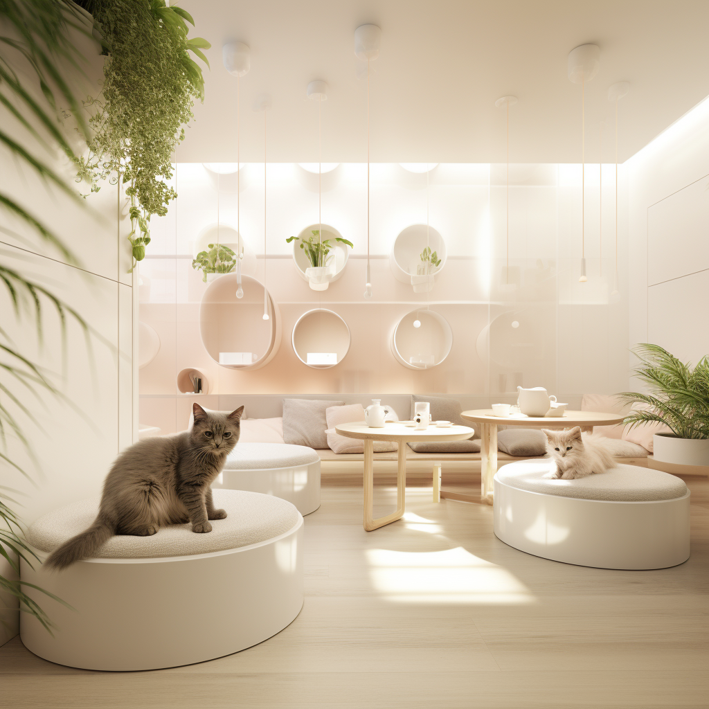 Sophisticated casual cat cafe with relaxed vibe